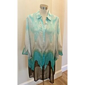 NWOT Chicos Womens Turqoise Brown Super Sheer Beachy Tunic Top Sz 3
